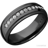 7 mm wide/Domed Stepped Down Edges/Zirconium band with a Half Eternity arrangement of 03 carat Round Diamond stones in a Bead setting